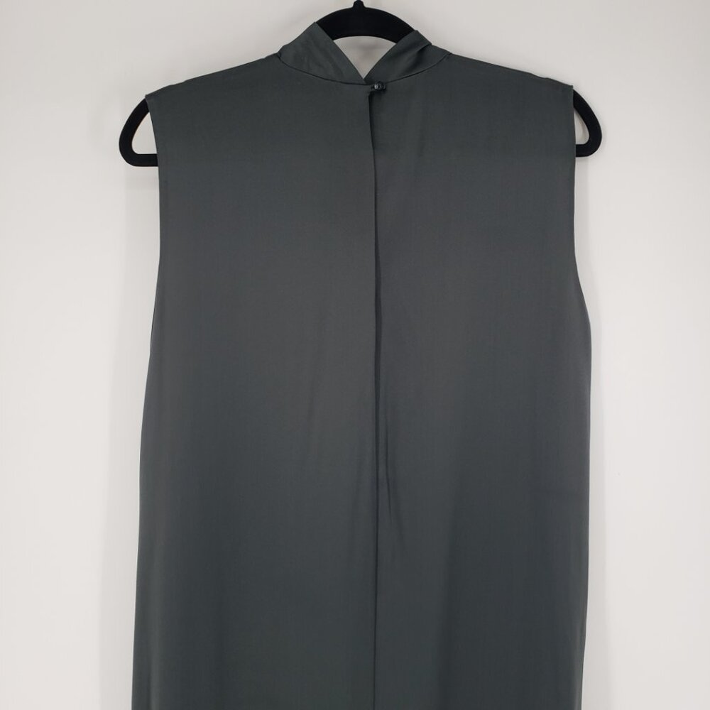 Vince 100% Silk Midi Dress L High Knotted Neck Sleeveless Shift High Low Gray - Picture 7 of 9